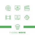 Simple Set of Cinema Related Vector Line Icons. Contains such Icons as Movie 4k, Popcorn, Video Clip and more. Royalty Free Stock Photo