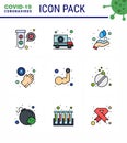 9 Filled Line Flat Color Coronavirus Covid19 Icon pack such as arm, washing, transport, medical, washing