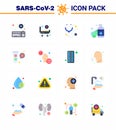 Coronavirus Prevention Set Icons. 16 Flat Color icon such as elucation, hands care, wheels, sanitizer, soap