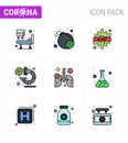 Coronavirus Prevention Set Icons. 9 Filled Line Flat Color icon such as lung, anatomy, bacteria, virus, laboratory