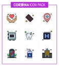 Covid-19 icon set for infographic 9 Filled Line Flat Color pack such as dental, securitybox, hospital, safe, medical