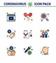 Covid-19 icon set for infographic 9 Filled Line Flat Color pack such as healthcare, medical, scan virus, hands, magnifying
