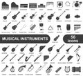 A simple set of dark hollow musical instruments. Images of various musical instruments with titles