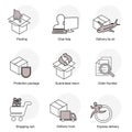 Simple set of delivery symbols. Line business icons. Packing, Chat help, Delivery by air, Protection package, Guaranteed return Royalty Free Stock Photo