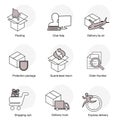 Simple set of delivery symbols. Line business icons. Packing, Chat help, Delivery by air, Protection package, Guaranteed return