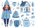 Simple set depicting a winter aesthetic, girl with jacket and beanies, Winter mug, Cozy house, white background, cute and