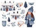 Simple set depicting a winter aesthetic, girl with jacket and beanies, Winter mug, Cozy house, white background, cute and