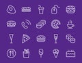 A simple set of fast food icons related to the vector line. Contains icons such as pizza, burger, sushi, bike, scrambled