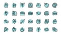 A simple set of fast food icons related to the vector line. Contains icons such as pizza, burger, sushi, bike, scrambled