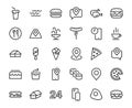 A simple set of fast food icons related to the vector line. Contains icons such as pizza, burger, sushi, bike, scrambled