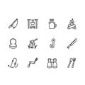 Simple set fishing, hunting, tourism, camping vector line icon. Contains such icons fishing rod, ax, knife, firewood