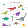 Simple set flat style icons of different dinosaurs. Pictograms for print on t-shirt or design card.