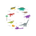 Simple set flat style icons of different dinosaurs. Pictograms for print on t-shirt or design card.