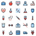 Simple Set of Health Vector Filled Line Icons, Contains such Icons as Syringe, Heatbeat, Hospital and more. Editable stroke