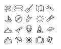 Simple set of icons of travel. Black dotted lines on a white background. Map, sun, plane, beach, compas and more