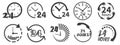 A simple set of illustrations of around the clock elements. Set of 24 7 vector icons. Icons of shops or delivery services Royalty Free Stock Photo