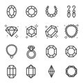Simple Set of Jewelry Related Vector Line Icons. Contains such Icons as Earrings, Diamond, Engagement Ring and more.