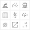 Simple Set of 9 Line Icons such as game, writing, notebook, transportation