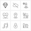 Simple Set of 9 Line Icons such as location pin, love, chess, donation, charity Royalty Free Stock Photo