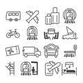 Simple set of minimal public transport related icon such as airplane, bus, train, air mail delivery symbol isolated. Modern