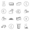 Simple Set of Money Related Vector Line Icons. Contains such Icons as Wallet, ATM, Bundle of Money, Hand with a Coin and more. Edi