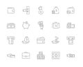 Simple set of Money vector line web icons such as Cash, Wallet, ATM, Hand holding card and more