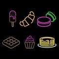 Simple Set of neon dessert related Icons. Contains such Icons as macarons, pancake, Sweet Waffle and more
