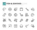 Simple set of outline icons about fish and seafood