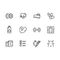 Simple set sport, fitness, gym equipment related vector line icons. Fitness training, bodybuilding dumbbells, weight