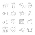 Simple set sport, fitness, gym equipment related vector line icons. Fitness training, bodybuilding, dumbbells, weight