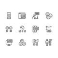 Simple set survey related on internet, social networks and mobile applications illustration line icons. Contains such