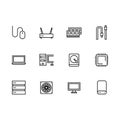 Simple set symbols computer hardware and components outline icon. Contains such icon RAM, hard disk, processor, server