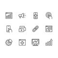 Simple set symbols seo, network marketing and promotion outline icon. Contains such icon target, watch list, audience