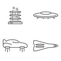 Simple set of transport vector thin line icons. Futuristic flying car machine UFO  airship rocket and teleport portal Royalty Free Stock Photo