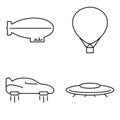 Simple set of transport vector thin line icons. Futuristic flying car machine UFO ballon airplane and airship Royalty Free Stock Photo