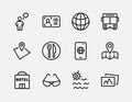 Simple Set of Travel Related Vector Line Icons. Contains such Icons as Luggage, Passport, Sunglasses and more. Editable Royalty Free Stock Photo