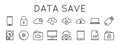 Simple Set Vector Icons on topic Data Storage. Icons such as Computer, Cloud Folder, Flash card, Floppy disk, Disk Royalty Free Stock Photo