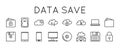 Simple Set Vector Icons on topic Data Storage. Icons such as Hard disk, CD, Cloud storage, Floppy disk, Folder, Computer Royalty Free Stock Photo