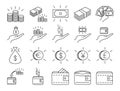 Simple set of vector line icons related to money. Vector business and finance editable stroke line icon set with money, bank, chec Royalty Free Stock Photo