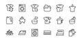 Simple set of washing related vector line Icons. Contains icons such as washing machine, powder, laundry, dirty t-shirt and much