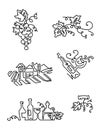 Simple Set of Wine Icons. Line art. Includes such Icons as grapes, bottle of wine with label, grape leaves, vineyard. Royalty Free Stock Photo