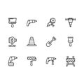 Simple set working tools for repair, design, construction and road works vector line icon. Contains such icons drill