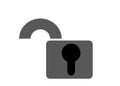 A simple shape and symbol of a dark grey padlock with black keyhole in unlocked position white backdrop