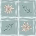 Simple shapes of flowers and leaves in hand-drawn grid. Simple seamless pattern. Vector background with doodle lines. Royalty Free Stock Photo