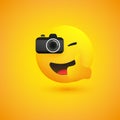 Simple Shiny Happy Smiling Photographer Emoji Taking Picture with a Digital Camera and Showing Thumbs Up