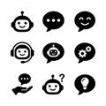 Simple Silhouette Virtual Assistant Chatbot Icon Set and Speech Bubbles Royalty Free Stock Photo