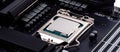 Simple silver unbranded hi end CPU in socket, surface closeup, modern motherboard wide angle product shot