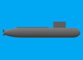 A simple simplified 3D model outline shape of a nuclear battle submarine turquoise blue backdrop