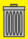 A simple simplified illustration of a light grey trash can set against a bright yellow backdrop
