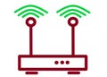 A simple simplified maroon red symbol icon outline shape of a modem router wifi unit with signals from the antennas white backdrop